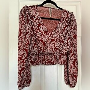 Anthropologie Rust/ Brick Red Smocked Crop Blouse Small Long Sleeve Ruffles